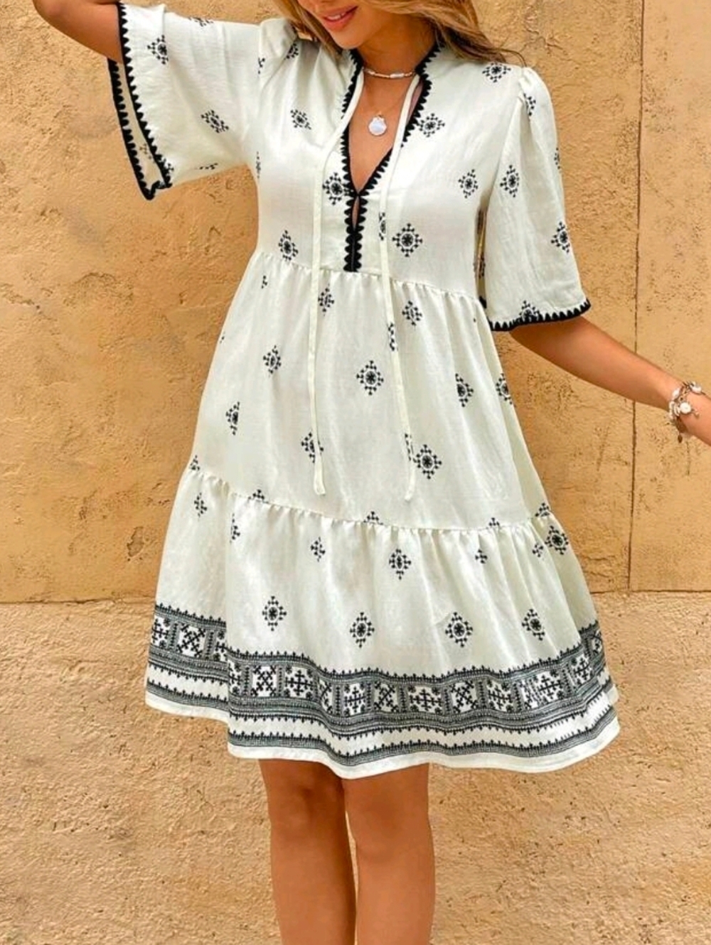 New Boho Print Flutter Tie Neck Short Smock Dress Cream Black